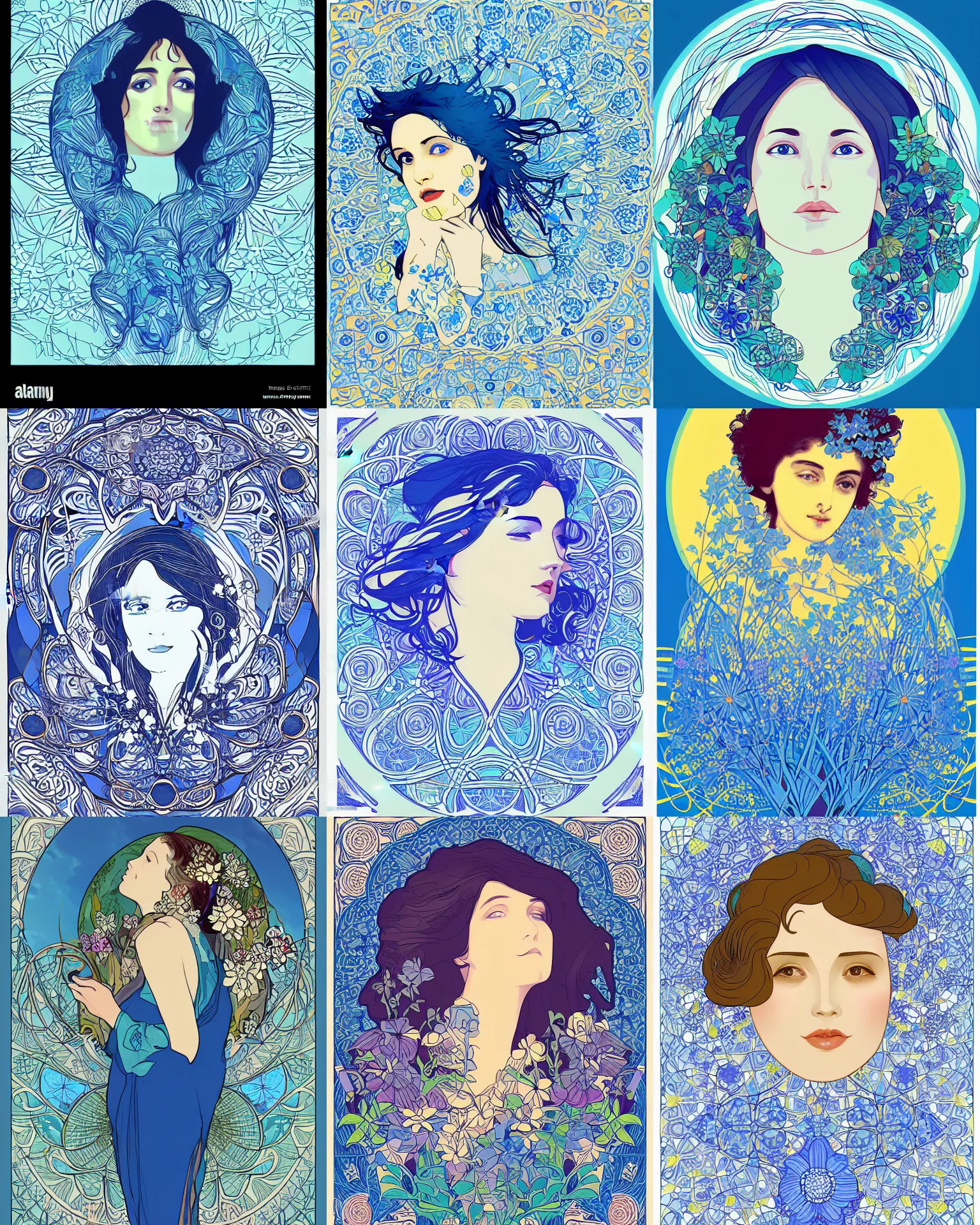 Prompt: portrait of a dreamer, blue - petals, summer sky, vector art by alphonese mucha
