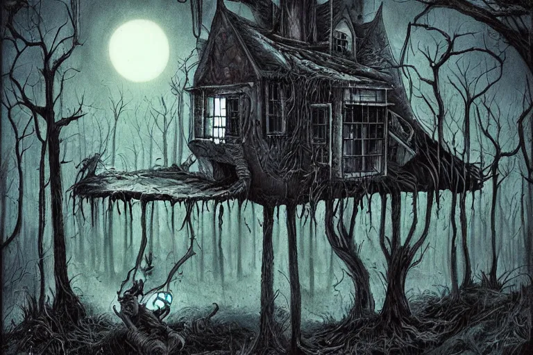 Image similar to mad horror painting of a futuristic alien witch house from another dimension in the woods by ben templesmith