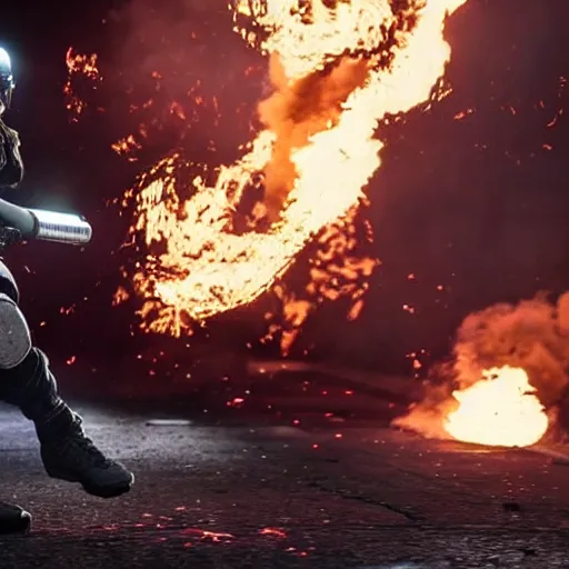 Image similar to Montagne from Rainbow Six Siege standing on a hoverboard leaving behind a trail of flames and explosions