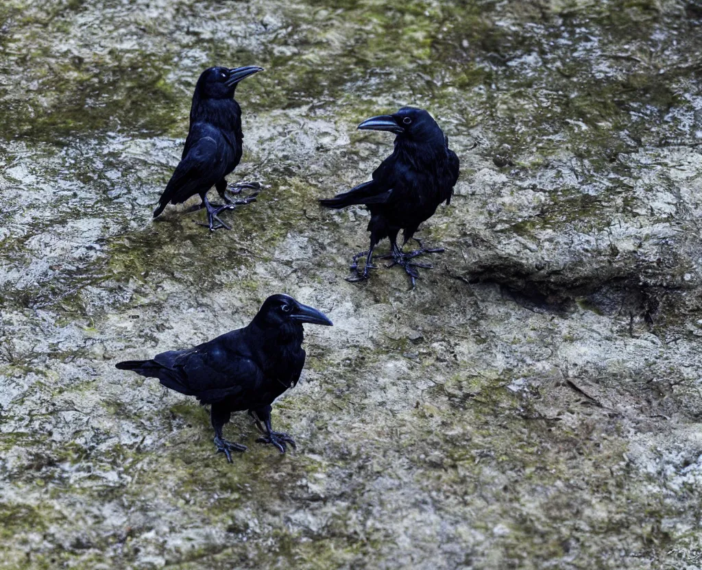 Prompt: Raven drinking water from a river