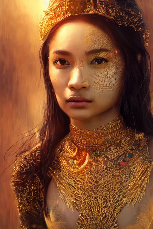 Image similar to stunningly beautiful, nepali dancer in jungle, symmetrical face, golden hour, smooth, focus, highly detailed, hyper realistic, dramatic lighting, elegant, intricate, concept art, art by wlop, mars ravelo, greg rutowski, artstation