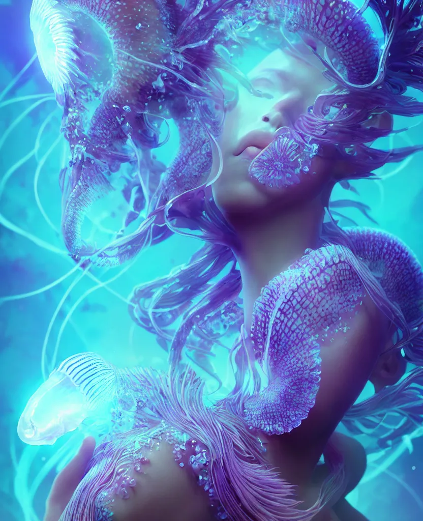 Image similar to goddess close-up portrait. orchid jellyfish phoenix head, nautilus, skull, betta fish, bioluminiscent creatures, intricate artwork by Tooth Wu and wlop and beeple. octane render, trending on artstation, greg rutkowski very coherent symmetrical artwork. cinematic, hyper realism, high detail, octane render, 8k