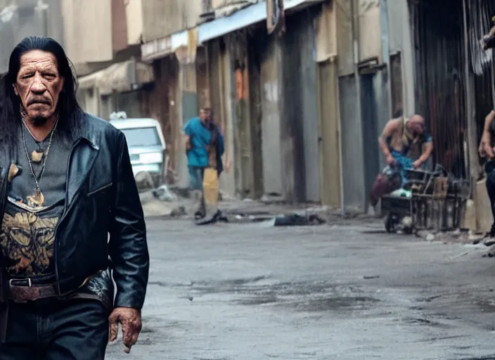 Image similar to film still of Danny Trejo roaming the dirty streets in the new Deathwish, 4k