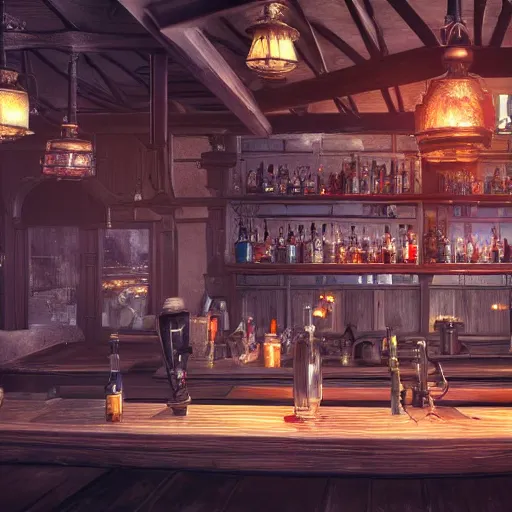 Image similar to Inside a bar in Gridania, FFXIV, high quality, warm lighting, matte painting