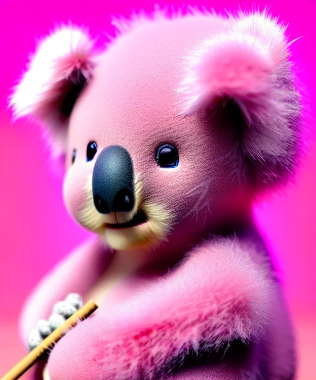 Image similar to high quality 3 d render hyperrealistic very cute small pink koala smoking weed joint, rising smoke, plush mascot, short spiky dense fluffy smooth hair, photo from the side, pink fluffy fur, 1 5 0 mm, beautiful natural soft light, rim light, vray, smooth background, artstation, ultra detailed