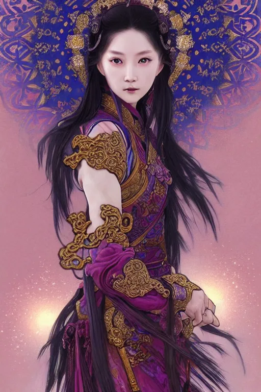 Prompt: beautiful ancient fantasy portrait of wuxia heroine like tzuyz twice, in forbidden City, flowers rainning everywhere, beautiful glowing galaxy eyes, hybrid from Dynasty Warriror, artstation, concept art, smooth, sharp focus, illustration, art by tian zi and WLOP and alphonse mucha, fantasy, intricate, very very beautiful, elegant, highly detailed, digital painting