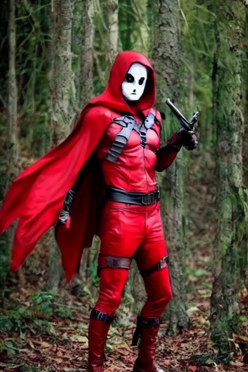 Image similar to red hood cosplay, creepy