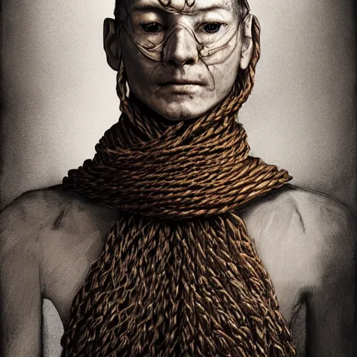 Image similar to portrait of a Shibari rope wrapped face and neck, headshot, insanely nice professional hair style, dramatic hair color, digital painting, of a old 15th century, old cyborg merchant, amber jewels, baroque, ornate clothing, scifi, realistic, hyperdetailed, chiaroscuro, concept art, art by Franz Hals and Jon Foster and Ayami Kojima and Amano and Karol Bak,