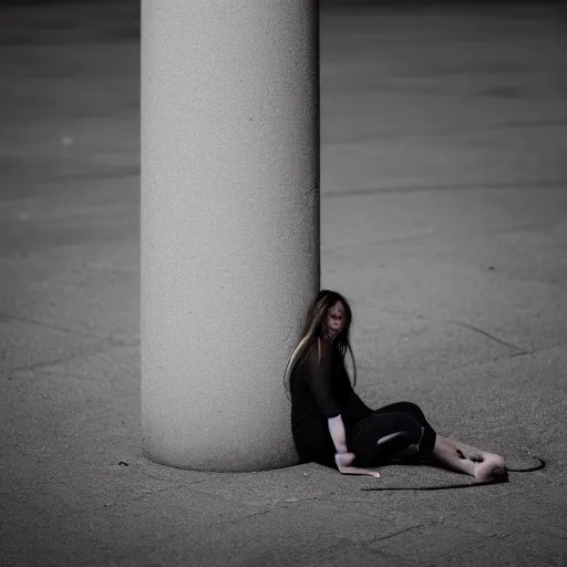 Image similar to photograph of a woman hiding behind a cement pillar, in an underground liminal space, sigma 85mm f/1.4, 4k, depth of field, high resolution, 4k, 8k, hd, full color