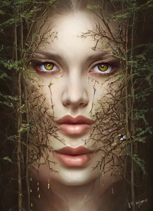 Image similar to a highly detailed symmetrical painting of a female druie with piercing beautiful eyes in forest meadow, dynamic lighting, ambient lighting, trending on artstation, art by artgerm and karol bak and mark brooks