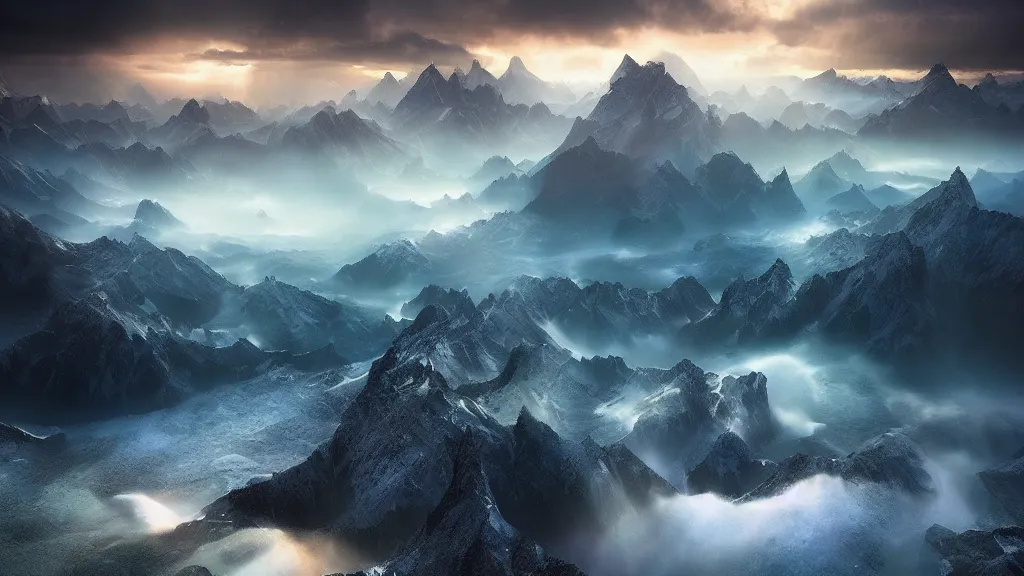 Prompt: amazing landscape photo of a fantasy world by marc adamus, beautiful dramatic lighting