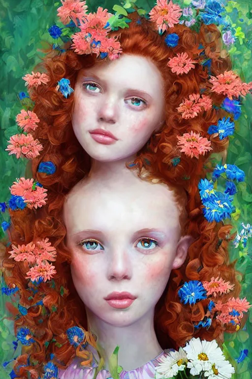 Prompt: a digital matte painting whimsical of an young beautiful face girl, with curly red hair, freckles, blue frilly dress and flowers whimsical, by magali villeneuve