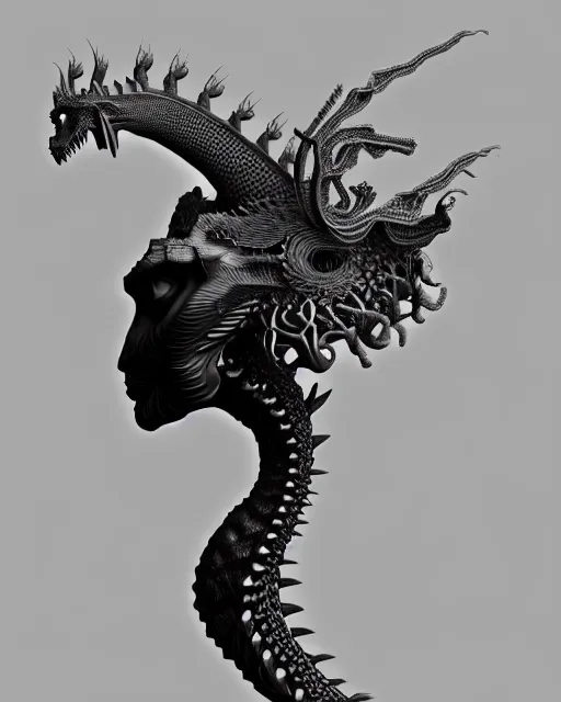 Image similar to a black and white 3D render of a young beautiful female angelic-dragon-cyborg bust with a very long neck, 150 mm lens, Mandelbrot fractal, anatomical, flesh, facial muscles, veins, arteries, full frame, microscopic, elegant, highly detailed, flesh ornate, orchids, cable wires, elegant, high fashion, rim light, octane render, in the style of H.R. Giger and Man Ray, Realistic, Refined, Digital Art, Highly Detailed, Cinematic Lighting, rim light, black and white, photo-realistic, 8K