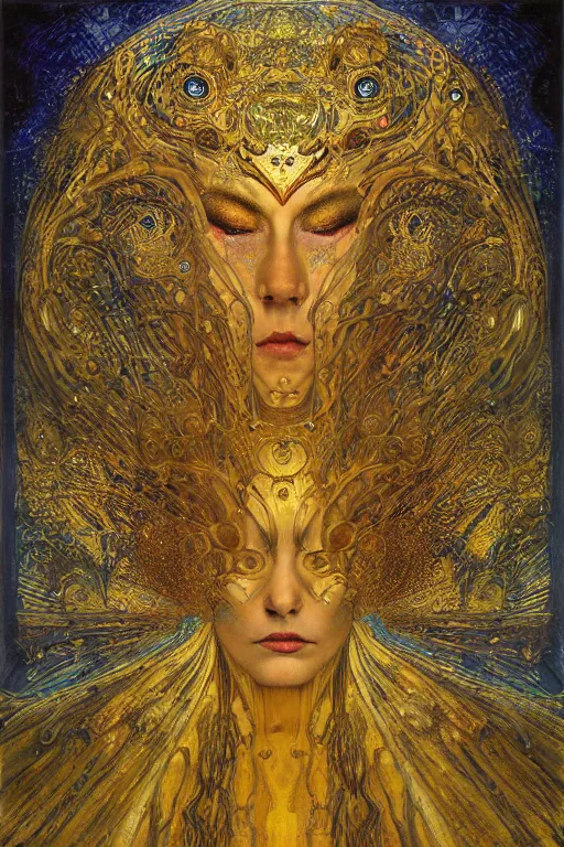 Image similar to Divine Machinery of Fate by Karol Bak, Jean Deville, Gustav Klimt, and Vincent Van Gogh, enigma, destiny, otherworldly, fractal structures, arcane, prophecy, ornate gilded medieval icon, third eye, spirals