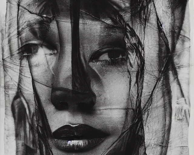 Prompt: movie still, germaine krull, a black and white photo of a woman's face, a charcoal drawing by Hans Erni, afro futurismn, ambrotype, multiple exposure