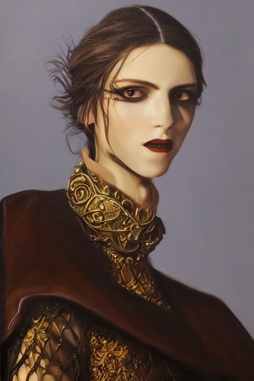 Image similar to hyperrealism oil painting, close - up portrait of european medieval brunette vampire fashion model, knight, steel gradient mixed with nebula sky, in style of baroque