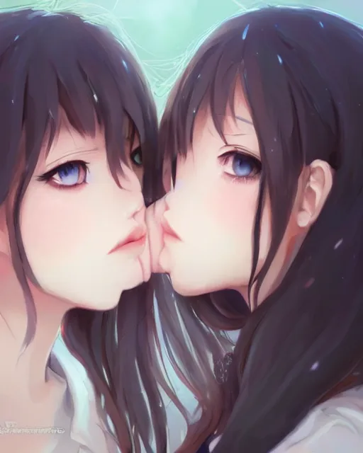 Image similar to portrait of two girls kissing, anime, drawn by WLOP, trending on Artstation