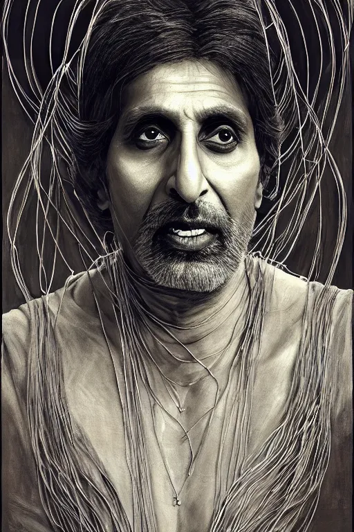 Prompt: hyperrealist portrait of amitabh bacchan, it is decorated with long wires that fall like vines and wears small computers over their body. by jeremy mann and alphonse mucha, fantasy art, photo realistic, dynamic lighting, artstation, poster, volumetric lighting, very detailed faces, 4 k, award winning