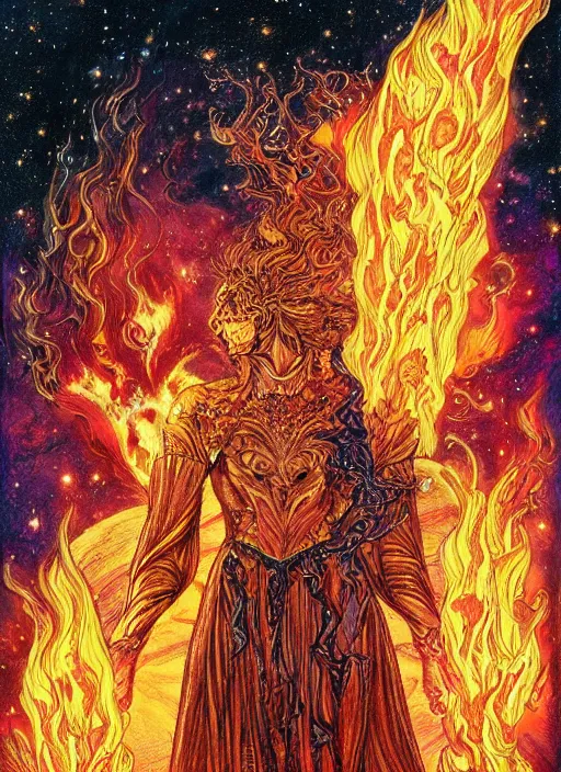 Image similar to high intricate colored ink drawing of the sandman holding a glimmering fire - galaxy, full shot, neil gaiman, maria panfilova, andrea savchenko, mike kime, ludovic plouffe, qi sheng luo, oliver cook, julian calle, eddie mendoza, trending on artstation