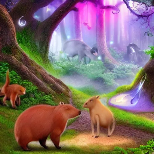 Image similar to magic forest with capybaras and fairies, realistic, 4k