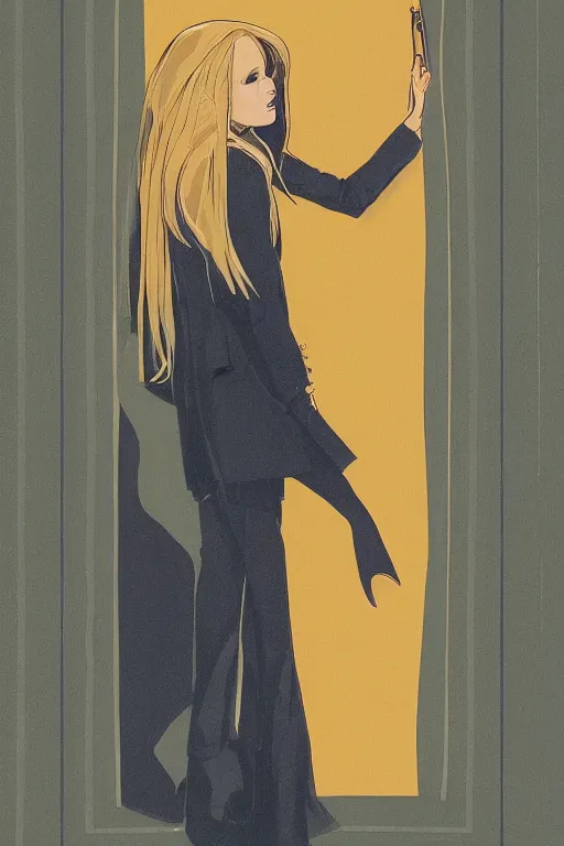 Prompt: A beautiful girl with a very stylish trenchcoat by Moebius , black medium length Dutch bob cut hair with straight bangs, poster