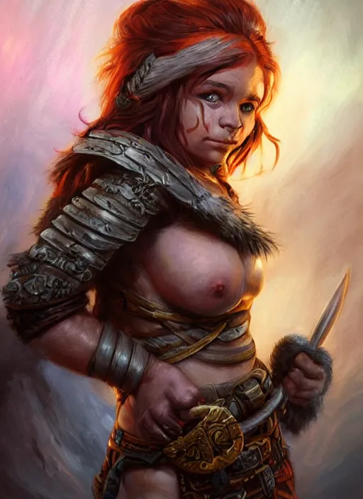 Image similar to halfling female barbarian, ultra detailed fantasy, dndbeyond, bright, colourful, realistic, dnd character portrait, full body, pathfinder, pinterest, art by ralph horsley, dnd, rpg, lotr game design fanart by concept art, behance hd, artstation, deviantart, hdr render in unreal engine 5