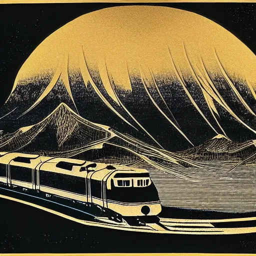 Image similar to atlas shrugged train speeding toward mountains, motion blur, art deco, jormungandr, hokusai, james gurney, on black paper with gold and chartruese link