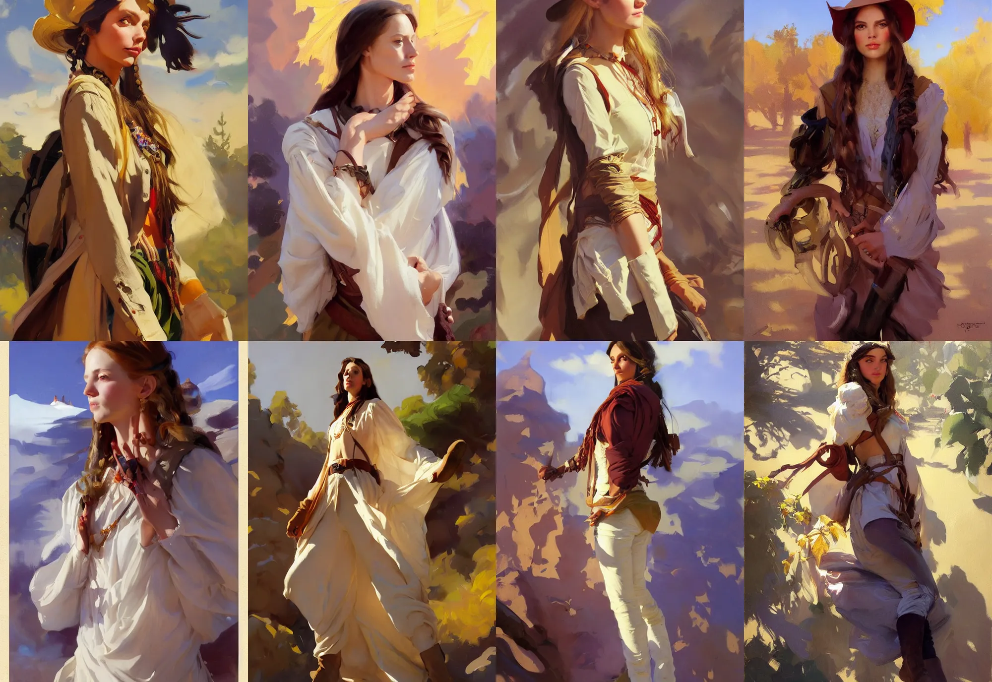 Prompt: portrait of hippie model girl jodhpurs hyperborea autumn traveler treasure hunter greg manchess painting by sargent and leyendecker, fantasy, medium shot, asymmetrical, intricate, elegant, matte painting, illustration, hearthstone, by rhads, by greg rutkowski, by greg tocchini, by james gilleard, by joe fenton