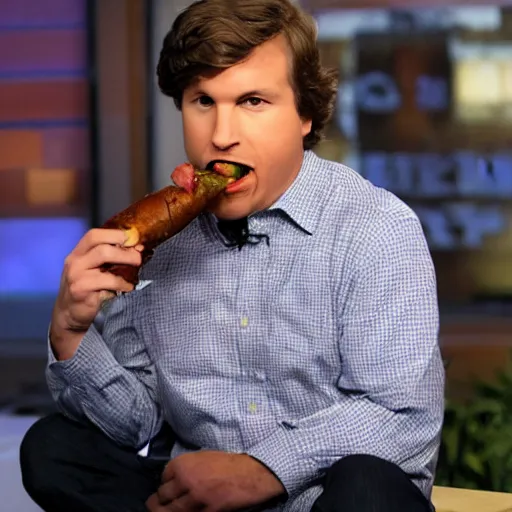 Image similar to tucker carlson eating a fully loaded baked potato