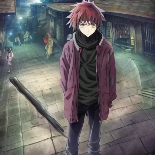 Image similar to The teenage son of an ancient, Lovecraftian god hiding in as humanoid dressed like a homeless person in the style of shonen/slice of life anime detailed realistic High Resolution HD 8k