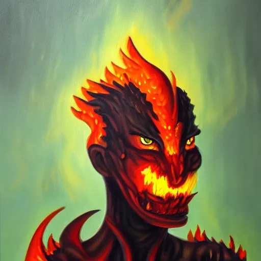 Image similar to fire demon eat human, oil painting