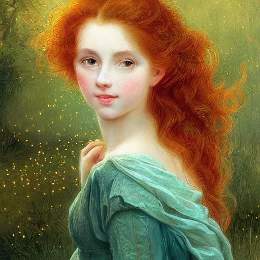 Prompt: sharp, intricate fine details, breathtaking, digital art portrait of a red haired girl with long hair and green eyes softly smiling, in a dreamy, mesmerizing scenery with fireflies, art by elisabeth vigee le brun