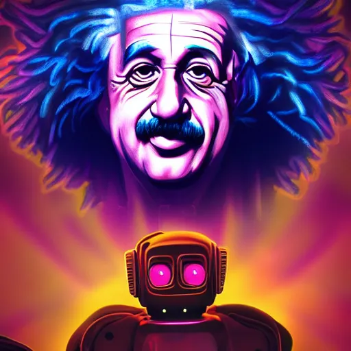 Image similar to A young Albert Einstein as a robot, synthwave style, hacker, dramatic lighting, artstation, 8K, detailed