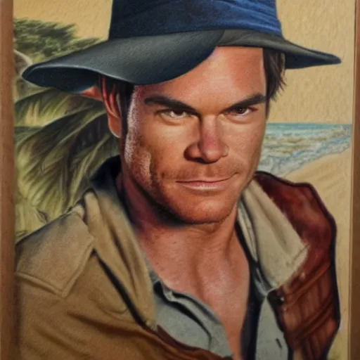 Image similar to dexter Morgan, Indiana jones, and artist formerly known as prince go to the beach, portrait, highly detailed, colored pencil