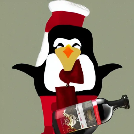 Image similar to a penguin dresses with chilean national outfit holding a bottle of wine in the style of 9 0 s video game