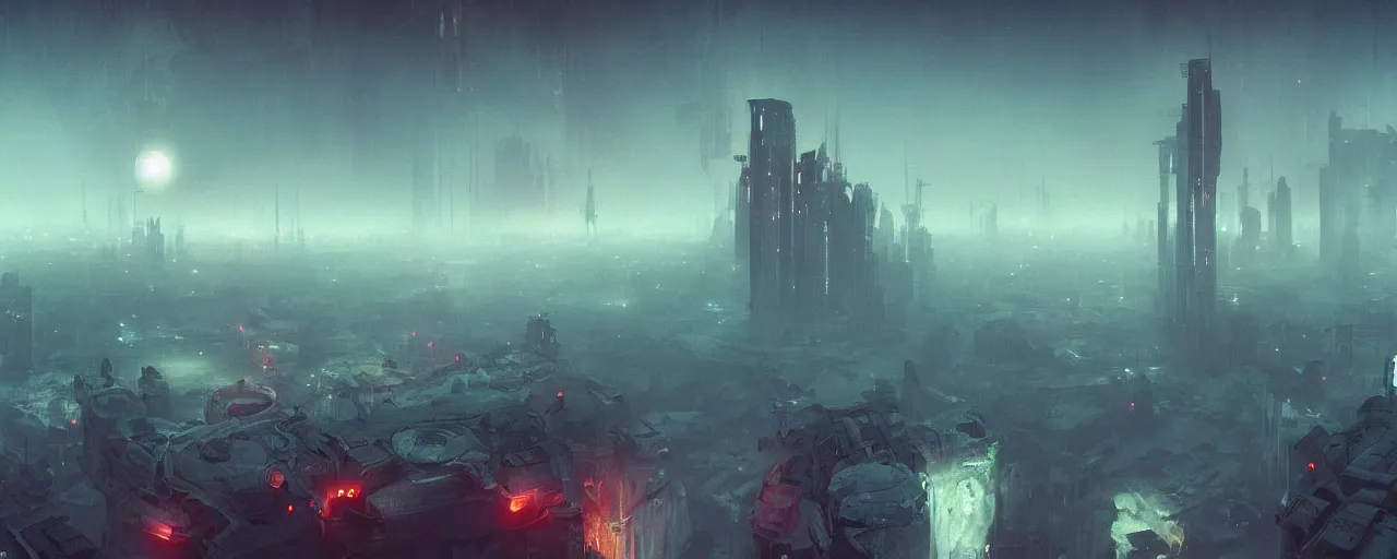Prompt: ” outer planet with thick fog and distant skyscrapers, [ cinematic, detailed, epic, widescreen, opening, establishing, mattepainting, photorealistic, realistic textures, octane render, art by paul lehr ] ”