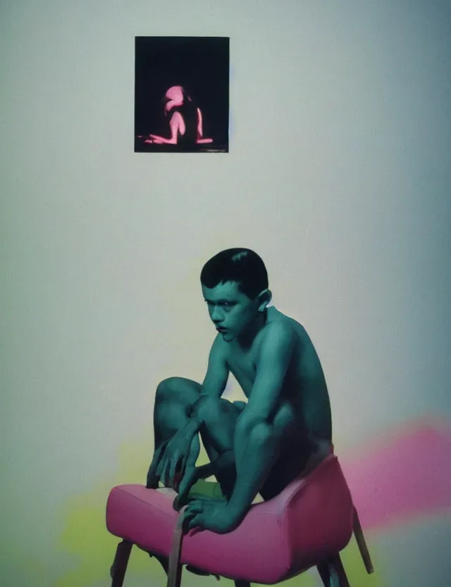 Image similar to boy in dark room sitting on a chair infront of tv, glitch, wide shot, coloured polaroid photograph, pastel, kodak film, hyper real, stunning moody cinematography, by maripol, fallen angels by wong kar - wai, style of suspiria and neon demon, david hockney, detailed, oil on canvas