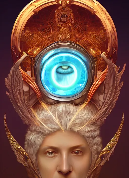 Prompt: the pale blond sun god apollo smirking, owl helmet, full body shot, steampunk, glowing eyes, volumetric lights, red and cyan theme, art nouveau botanicals, intricate, highly detailed, digital painting, artstation, concept art, smooth, sharp focus, cinematic, illustration, beautiful face, art by artgerm and greg rutkowski and alphonse mucha