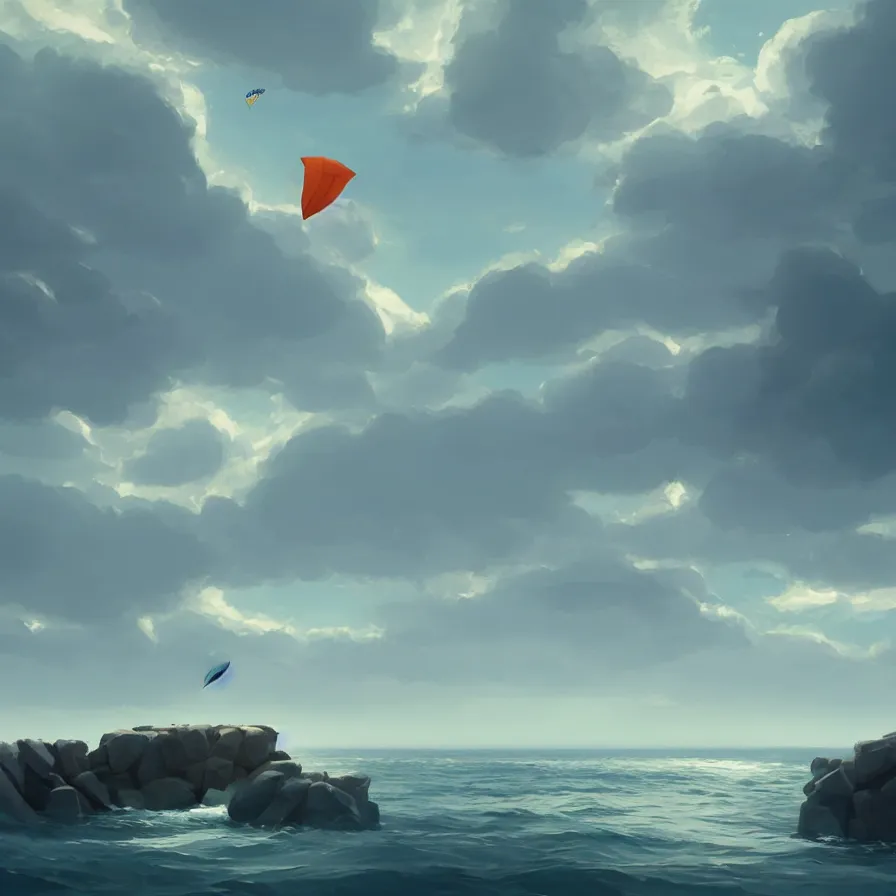 Prompt: Image from afar, a large kite flying, the sea hits the large stones with force, the clouds let through subtle rays of light, art by Goro Fujita, ilustration, concept art, sharp focus, ArtStation and deviantart