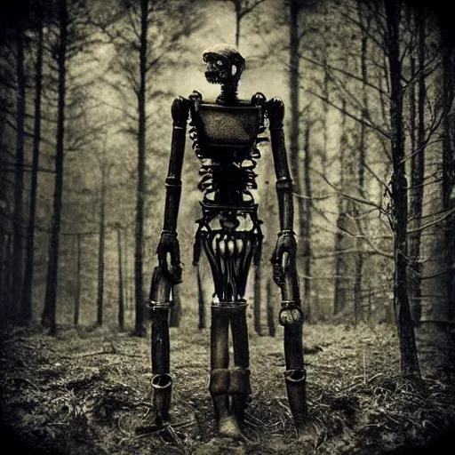 Image similar to “Early 1900s daguerreotype, robot zombie in the forest, hyper realistic, by Steven Rhodes, shallow depth of field, sepia, eerie, macabre, scratches and burns on film, horror, cinematic, photorealistic, highly detailed”