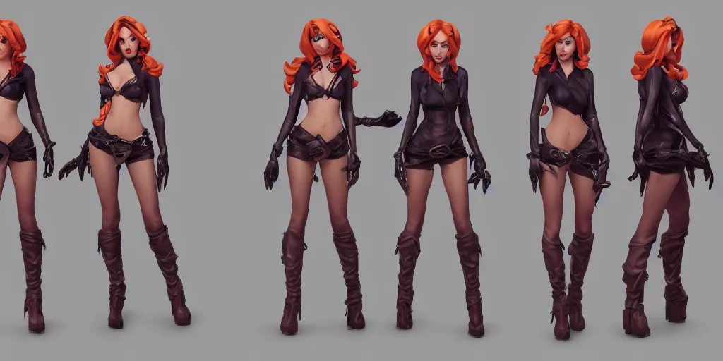 Image similar to Character sheet of coven miss fortune (League of Legends). 3d render, octane render, game art, realistic, highly detailed, trending on artstation, 4k, trending on artstation, pixar, cgsociety, unreal engine 5, redshift render, trending on artstation, blender, behance, cg