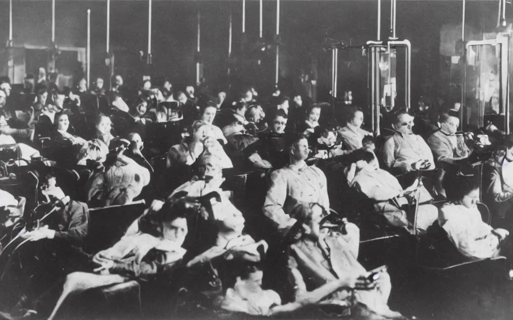 Image similar to 1 9 0 0 s photo of people using iphones ipods virtual reality headsets vr watching hd tv in a movie theater intravenous tube in their arms