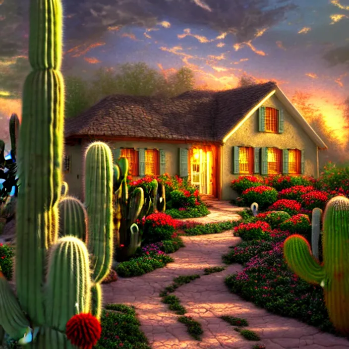 Prompt: hyper realistic, high detail photo of deset scene, thomas kinkade style, adobe house, cactuses, beautiful, dreary lighting