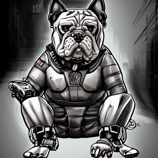 Image similar to « a comic styled cyborg bulldog sitting down, cyberpunk digital art by greg rutkowsky, illustration, future tech, sketchfab »