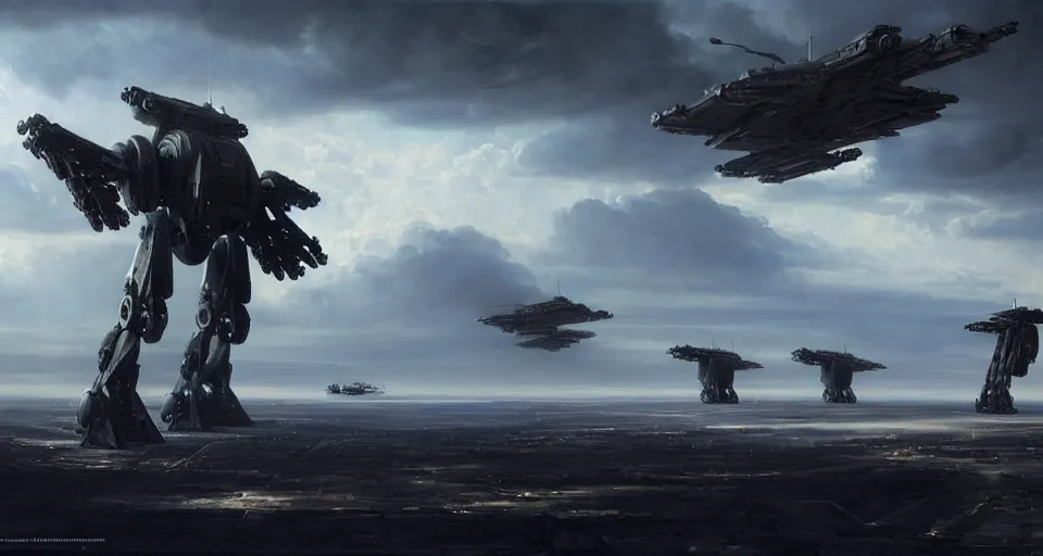 Image similar to hyper realistic sci - fi matte concept art painting of a low flying spaceship over a battlefield filled with mecha and transports, beautiful details, strong composition painted by kim jung guweta studio rutkowski, james gurney and greg rutkowski, and lucasfilm, smooth, intricate, detailed, sharp focus, cinematic