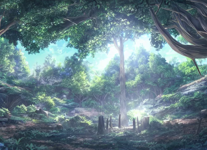 Prompt: A beautiful ultradetailed anime illustration of an underground cave filled with trees and a dim light shining in from the right, anime art wallpaper 4k, trending on artstation