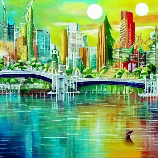 Image similar to Beautiful city of the future in harmony with nature. Nice colour scheme, cool natural colour. Beautiful detailed painting by Lurid. (2022)