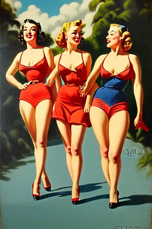Image similar to 1940s group of pinup bikini girls walking around 1940s Adelaide, in Australia, oil painting, by Gil Elvgren