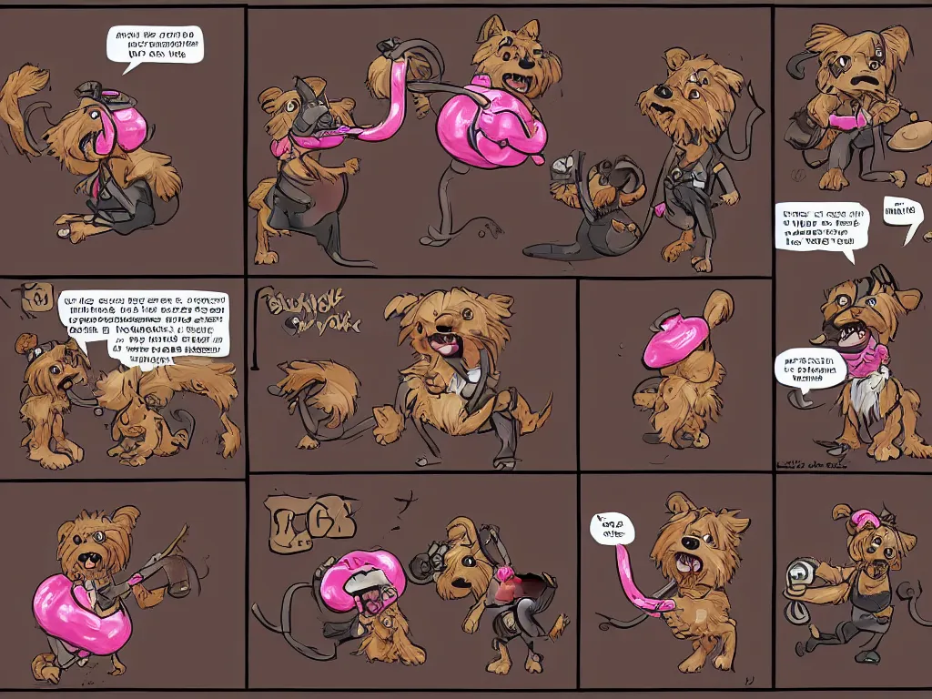 Prompt: a 4-frame comic strip of a smiling black and caramel Yorkshire Terrier, fighting with a pink rubber monkey in a steampunk Los Angeles, D&D, fantasy, highly detailed, digital painting, artstation, concept art, smooth, sharp focus, illustration, art by Mauricio de Sousa