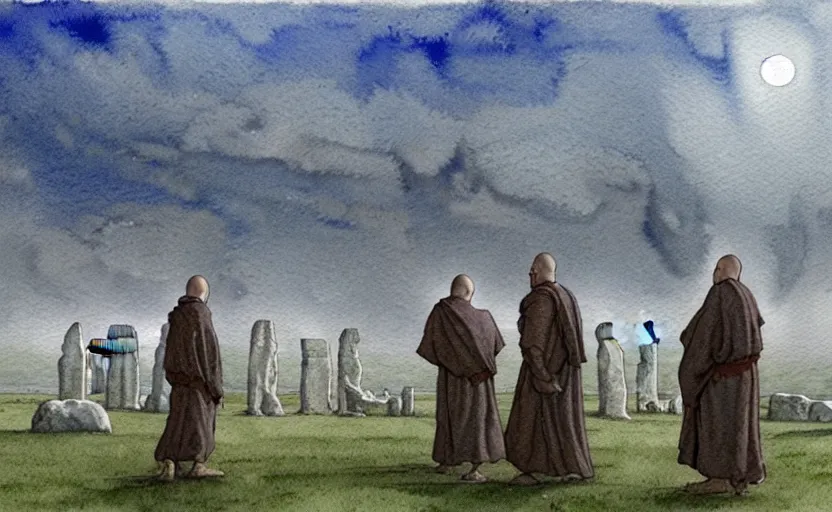 Image similar to a hyperrealist watercolour character concept art portrait of small grey medieval monks with floating stones in the air in front of a complete stonehenge monument on a misty night. a ufo is in the sky. by rebecca guay, michael kaluta, charles vess and jean moebius giraud